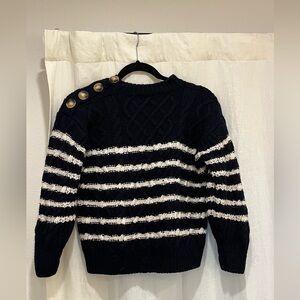 Sezane Navy and White Striped Sweater with Button Detail